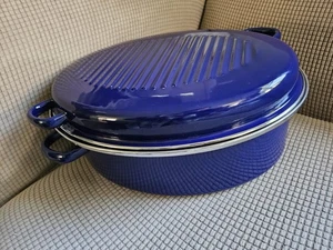 Vintage Emaille Gusseisen Oval Gänsebräter mit Deckel + Griffe Kobaltblau 16"Lx11"Bx6"H - Bild 1 von 24