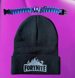 Fortnite embroidered knit beanie Blue paracord bracelet Lot black Adults unisex - Picture 1 of 5