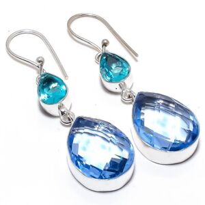 Tanzanite Quartz, Blue Topaz 925  Silver Jewelry Earring 2.2" M902