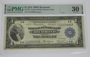 1918 Large Size $1 FRB Richmond, VA PMG 30 VERY FINE Fr#721 - Picture 1 of 4