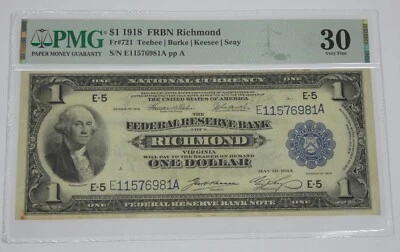 1918 Large Size $1 FRB Richmond, VA PMG 30 VERY FINE Fr#721 - Image 1 of 4