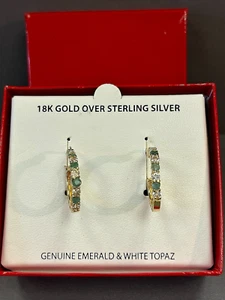 GENUINE EMERALD & WHITE TOPAZ   18K GOLD over 925 STERLING SILVER  HOOP EARRINGS - Picture 1 of 8