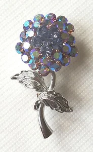 Vtg. Alfred Sung Silver Tone Purple Rhinestones & Aurora Borealis Flower Brooch - Picture 1 of 5