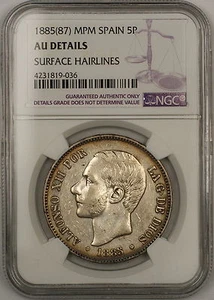 1885(87) MPM Spain 5 Pesetas Silver Coin NGC AU Details Surface Hairlines - Picture 1 of 2