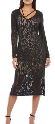 Sexy Vestido Negro Encaje Manga Larga Estampado Animal Bodycon Midi Elementos Audaces M Nuevo con Etiquetas Foto 1 de 4