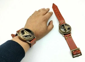 Pulsera Brújula Reloj de Sol para Herramienta de Navegación Correa de Cuero Real Reloj Senderismo - Imagen 1 de 4