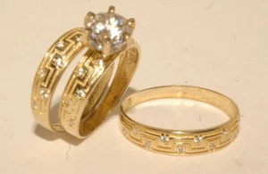 Yellow Gold Wedding Bands & Engagement ring Man's & ladies Trio Set His/Hers - Picture 1 of 7