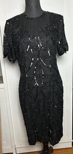 Vestido Vintage Stenay Completamente Cuentas Floral Seda Negro Talla 12 Cóctel LEER DES. - Imagen 1 de 22