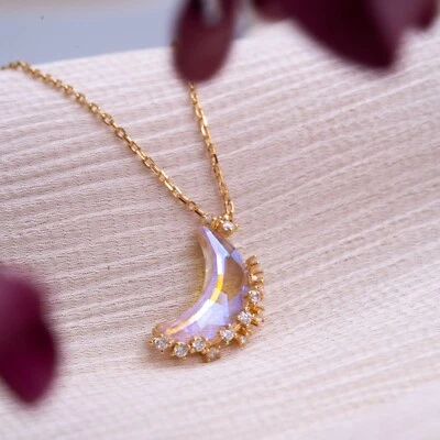 Colgante Luna Media Luna Cuarzo Azul Plata Delicado Collar Luna Estrella Joyería Foto 1 de 4