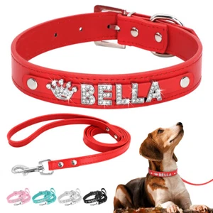 Personalised Pet Dog Collar & Leash with Bling Diamante Name Letters Charms XS-L - Picture 1 of 21