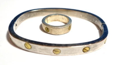 STERLING SILVER 2 TONED RECTANGULAR BANGLE BRACELET W/ RING JEWELRY SET 39.5 GRM - Image 1 of 2