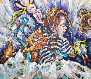 Original oil pastel artwork Cat painting Portrait of a girl art 11.5"x13.5" - Picture 1 of 5