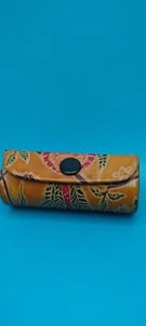 Embossed Hand-Painted Tan Leather Lipstick Holder with Snap Closure and Mirror - Picture 1 of 5