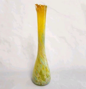 Vintage Kreiss Confetti Yellow Art Glass Bud Vase Stretched Mid Century 11” MCM - Picture 1 of 8
