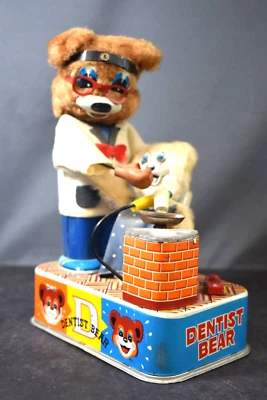 Juguete litográfico de hojalata a batería de colección años 50, Dentist Bear, S&E Co., Japón, FUNCIONA Foto 1 de 4