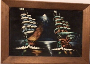 Vintage Two Ships At War PAINTING on VELVET - Picture 1 of 2
