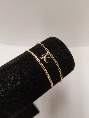 Pulseras tobillera de cadena en capas rellenas de oro 18k inicial impermeable "K" Foto 1 de 4