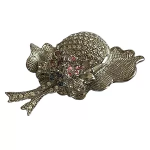 Vintage Art Deco Style Hat w Flowers Brooch Pin Silver Tone Rhinestones Unsigned - Picture 1 of 4