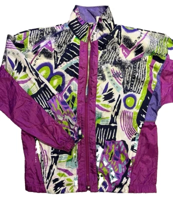 Chaqueta De Colección Asics Para Hombre Crazy RETRO Años 80 Diseño Completo Púrpura Verde Talla Mediana Foto 1 de 4