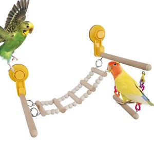 Suction Cup Wood Perch Toy Bird Gym Playground for Budgie Parakeet - Picture 1 of 9