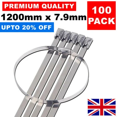 100 X STAINLESS STEEL METAL CABLE TIES 1200MM X 7.9MM HEAT WRAP EXHAUST ZIP TIE - Image 1 of 4