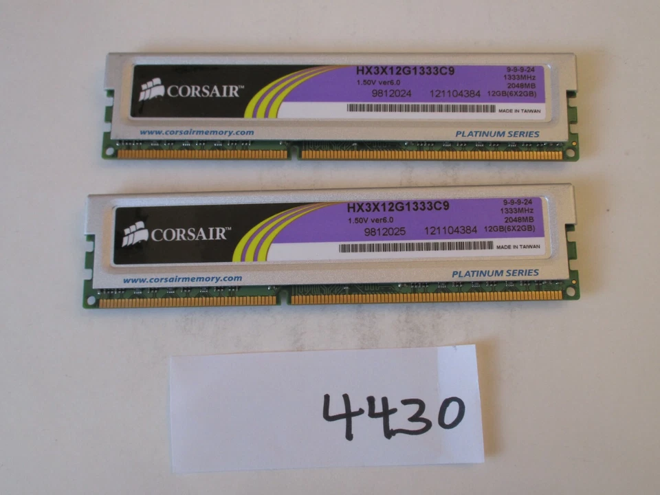 Corsair HX3X12G1333C9 2x2Gb=4Gb PC3-10600 1333Mhz DDR3 Desktop Memory RAM (4430) - Image 1 of 2