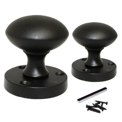 Mortice Sprung Door Knobs Round Victorian Knob Pair Set - Matt Black 56mm - Image 1 of 4