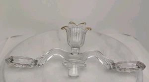 Candelabro vintage Cambridge vetro trasparente Epergne 2 braccia piolo vaso tulipano bordo oro - Foto 1 di 13