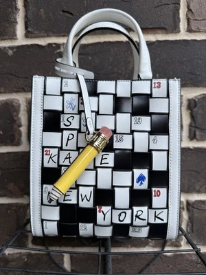NWT Kate Spade WORDPLAY MINI MANHATTAN Crossword Puzzle Lthr C/b Tote White mult - Image 1 of 4