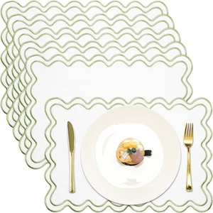 Set of 6 Cotton Linen Placemats, 13x19 Inch Scalloped Wavy Embroidery Placema... - Picture 1 of 8