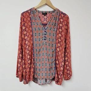 Tolani Blouse Top Medium Womens 100% Silk Mixed Prints Bohemian Floral Long Slv - Picture 1 of 12