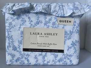 Laura Ashley Queen Sheet Set Victoria Ruffled Blue Floral 4pc Cottage Farmhouse - Picture 1 of 4