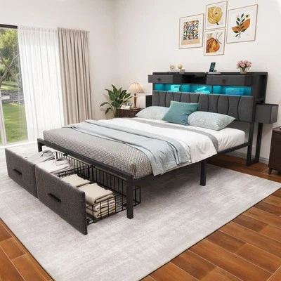Full/Queen/King Size Upholstered Platform Bed Frame with Storage Headboard & LED - Image 1 of 4