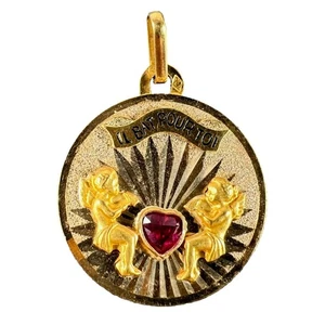 French My Heart Beats For You 18K Yellow Gold Lab Created Ruby Love Pendant - Picture 1 of 14