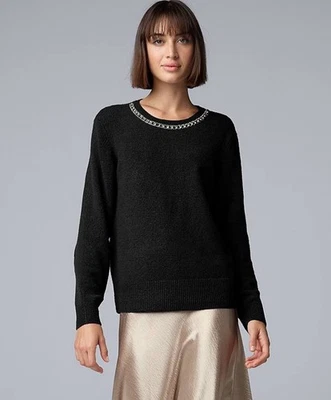 Women’s Simply Vera Vera Wang Necklace Embellished Sweater Size L Black MSRP $59 - Image 1 of 4