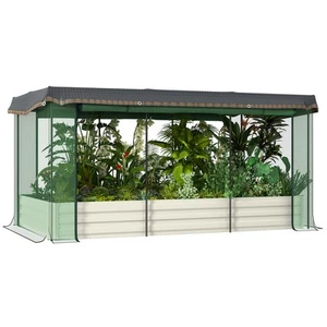 Outsunny Galvanized Raised Garden Bed with Crop Cage & Shade Cloth, Beige - Picture 1 of 11
