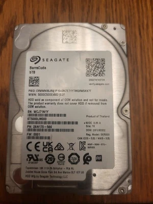 Used 5TB 2.5" Seagate BarraCuda ST5000LM000, 100% Health - Image 1 of 2