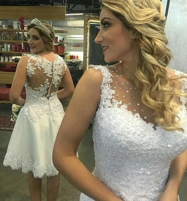 Sleeveless Short Wedding Dresses Knee Length Beaded Appliques A Line Bridal Gown - Image 1 of 4