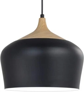Modern Pendant Light, Wood Pattern Metal Shade (Black with Wood Cap) - Picture 1 of 10