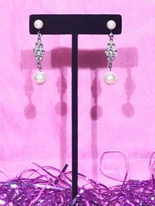 Vintage~MARVELLA~Drop Faux Pearl~Rhinestones~Silver Tone Dangle~Clip Earrings  - Picture 1 of 4