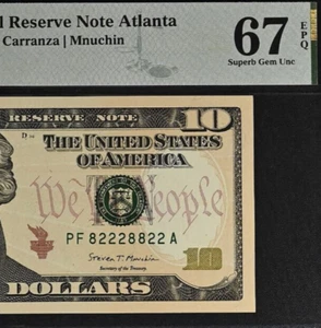 2017A $10 Federal Reserve Note PMG 67EPQ - Fancy Wild Serial Number 82228822 - Picture 1 of 3