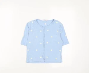 Stradivarius Womens Blue Floral Cotton Cropped T-Shirt Size S Crew Neck - Picture 1 of 10