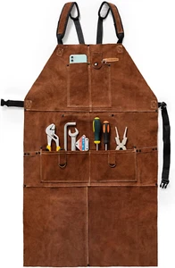 YESWELDER Leather Welding Work Shop Apron with 6 Pockets Heat Flame Resistant Co - Picture 1 of 12