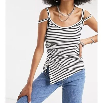 Cami a Rayas AllSaints Hatti Acanalado Negro Blanco Rayas US 0 $44 NUEVO SIN ETIQUETAS Boho Foto 1 de 4