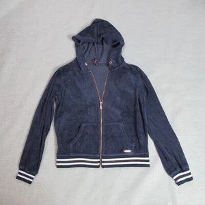 Betsey Johnson Hoodie Womens Large Blue Velour Full Zip Jacket Athletic Retro - Picture 1 of 11