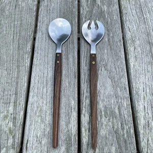 Stern Salad Server Set Mid Century Retro Rostfrei Tapered Wood Handles 11" vtg - Picture 1 of 12