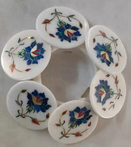 4" White Marble Round Coaster Set With Holder Lapis Floral Inlay Marquetry Decor - Bild 1 von 9