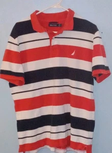 VTG Nautica Mens Large Orange & Blue Rugby Striped 100% Cotton Polo Shirt Sz L - Picture 1 of 8