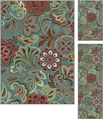 3 Piece Set Deco Blue Transitional Flowers Paisley DCO1023 Runner Mat Area Rug - Image 1 of 2