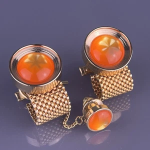 Orange Star Cabochon Wrap Around Cufflinks Tie Pin Gold Tone Polished Round VTG - Picture 1 of 7
